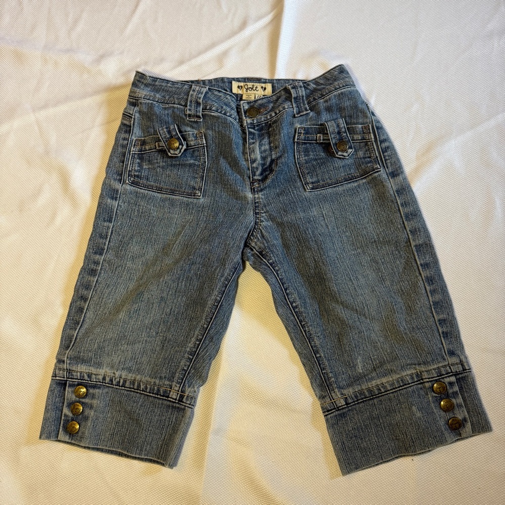 Jolt Girls Denim Jorts – Button Cuff Capri Style, Size 12